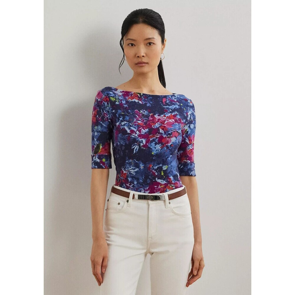 Lauren Ralph Lauren Women's Print Stretch Cotton Boatneck Tee Top Blue Multi XS